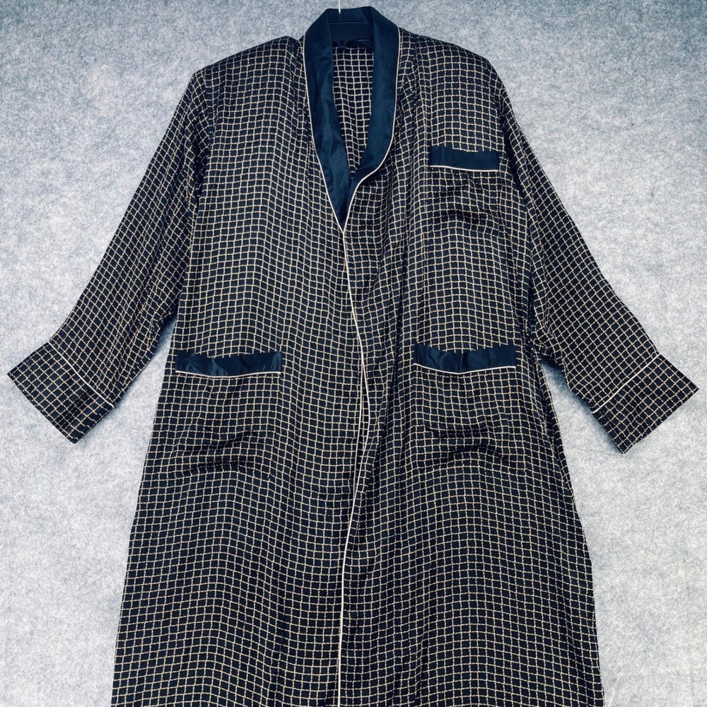 Roundtree & Yorke Silk Robe Men One Size Black Gold Grid Shawl Collar Loungewear